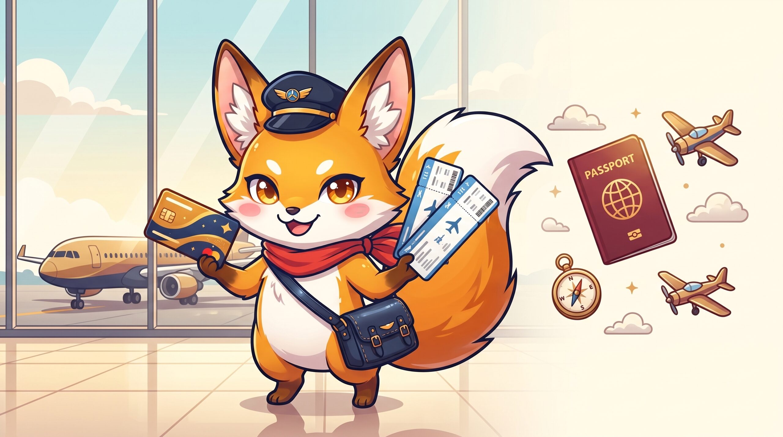 パイロット帽をかぶったキツネのマスコットキャラクターが搭乗券とカードを持って空港に立っているイラスト